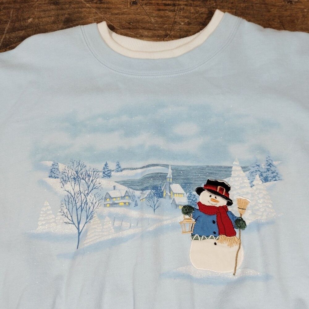 Vintage Top Stitch Sweatshirt Women XL Blue Snowman Snow Winter Sparkles Grandma